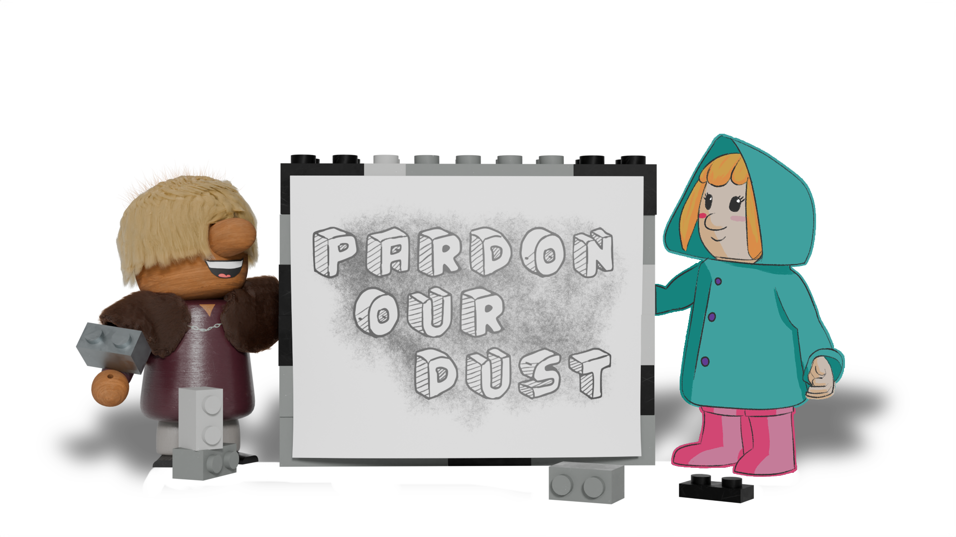 Image of Gus and Iris build a sign that says 'Pardon Our Dust'